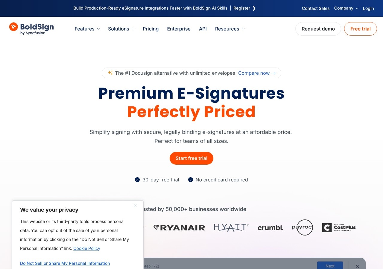 BoldSign e-signature landing page