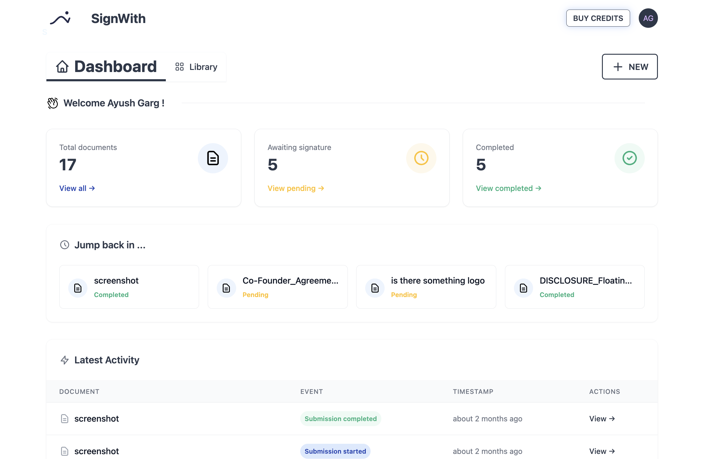 SignWith dashboard showing pay-per-document signing with no subscription